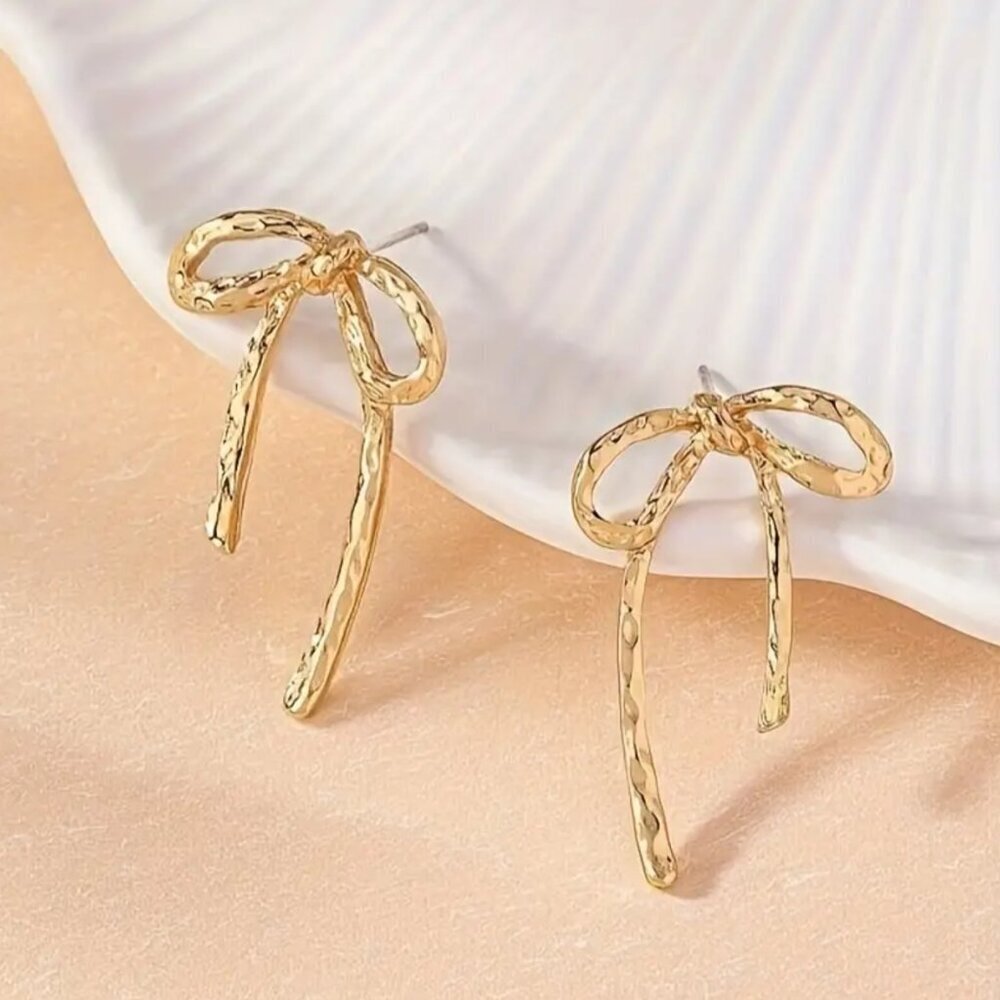 NEW gold coquette bow earrings, gold bow jewelry, gold stud earrings, boho - Picture 2 of 2